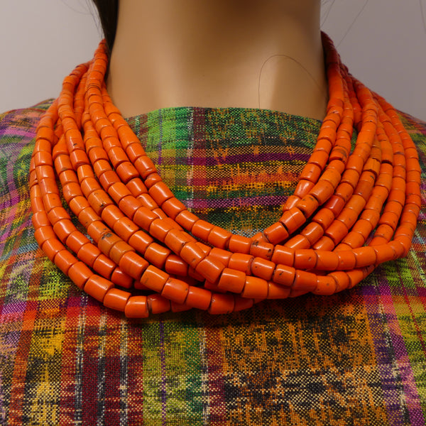 Naga Konyak Necklace, 7 Strand Vintage, Orange Beads, 22-inches Long with Coin Clasp
