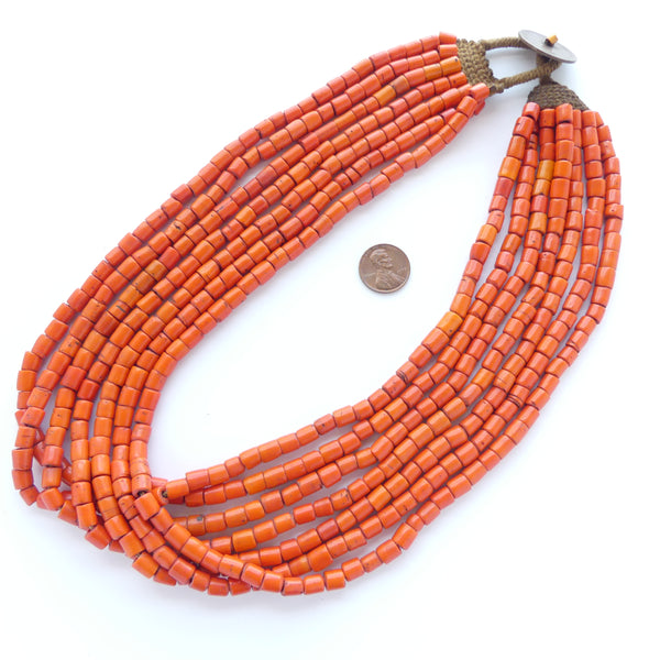 Naga Konyak Necklace, 7 Strand Vintage, Orange Beads, 22-inches Long with Coin Clasp