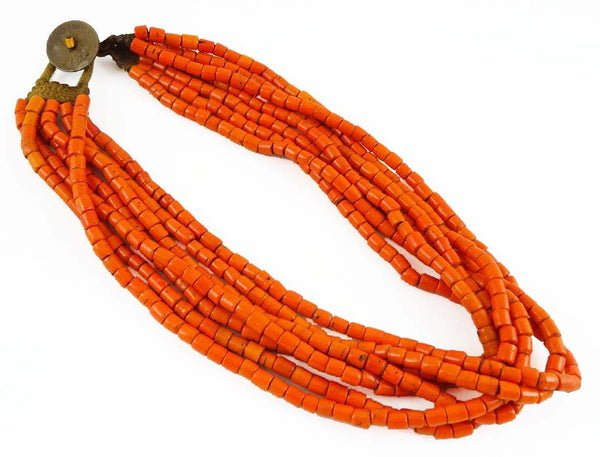 Naga Konyak Necklace, 7 Strand Vintage, Orange Beads, 22-inches Long with Coin Clasp