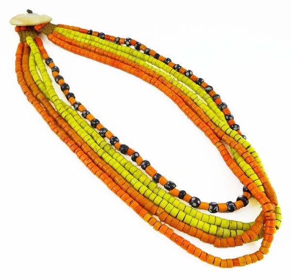 Naga Konyak Necklace 5 Strands, Orange, Yellow & Black/White Beads w/ Chank Shell, 28 inches