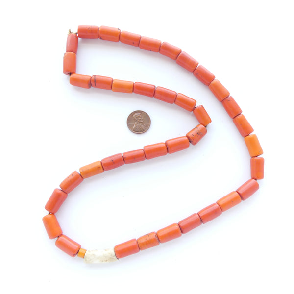Naga Konyak Necklace, Vintage 1 Strand with Orange Beads and 1 Shell, 26 inches Long