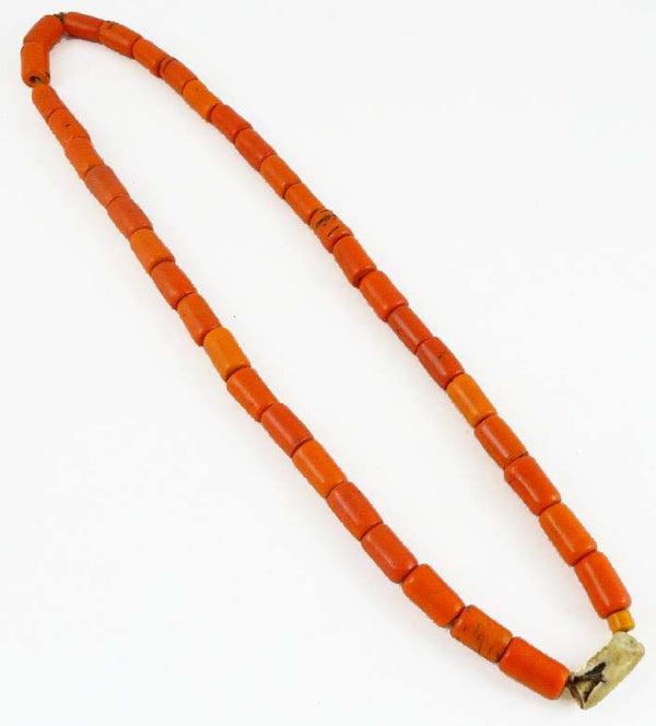 Naga Konyak Necklace, Vintage 1 Strand with Orange Beads and 1 Shell, 26 inches Long