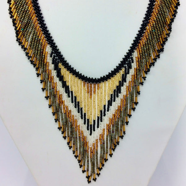 Kinetic Energy, Lightweight Flowing V Neck in Gold, Silver, Bronze & Black, 18" + 4" fringes