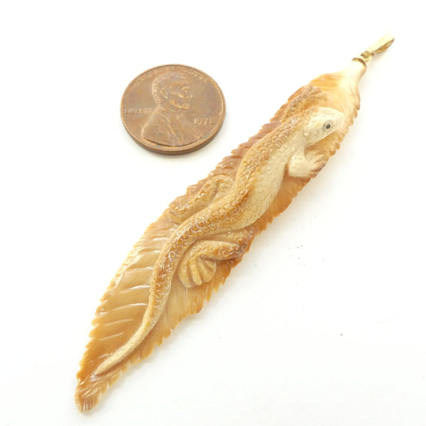 Bone, Mammoth Tusk Lizard on Leaf, Pendant, 3.5 inches Long with Silver Bail