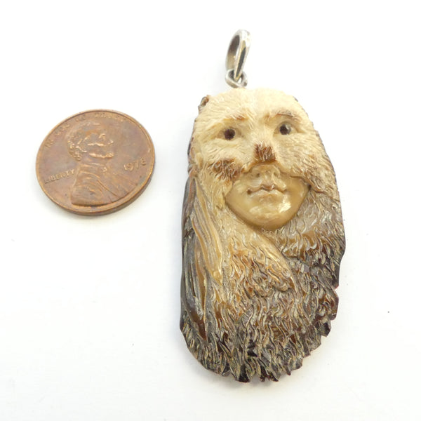 Bone, Mammoth Tusk Carved Bear Totem Figure, 55mm Long with Silver Bail