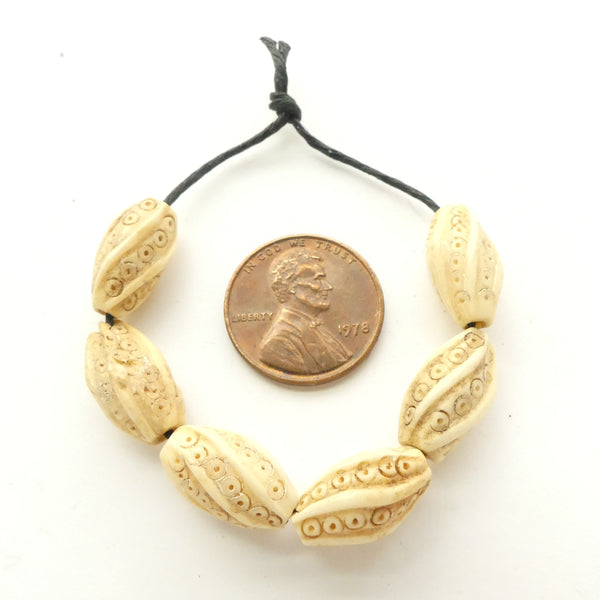 Bone, Vintage Chinese Carved Bone, Oval Spiral with Eyes, 15x8mm, Sets of 6