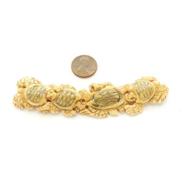 Bone, Long Vintage Four Turtle Focal Centerpiece with Holes at Each End, 4 inches long