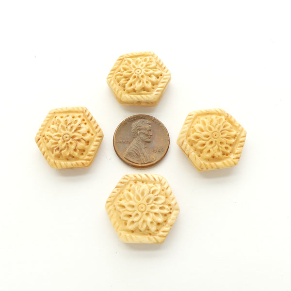 Bone, Hexagonal Bead with Lotus Design on Both Sides, 20mm, Sold in Sets of 2