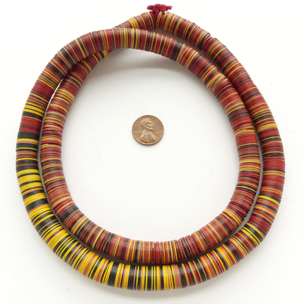 Vinyl Heishi, Vintage Red, Black & Yellow Mix, 12mm Diameter on 33-inch Strand
