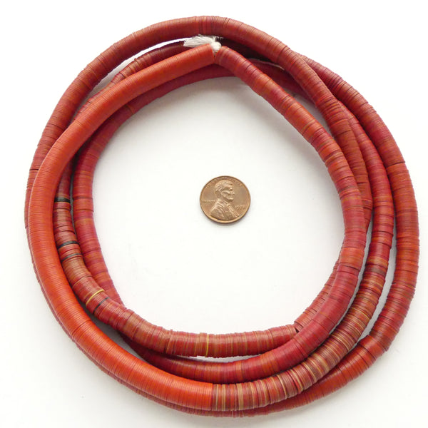 Vinyl Heishi, Vintage Red, 8mm diameter on 28-inch Strands