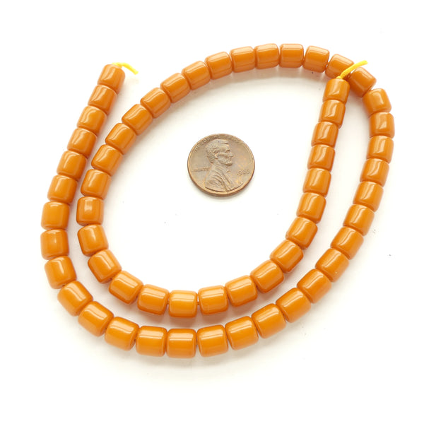 African Amber, Faux Amber, Dark Amber Mini Barrels 7x7mm, on 17-inch Strand