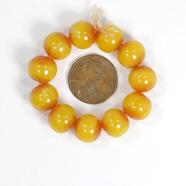 Resin, Amber Color, Small Round 10mm Diameter Beads with Reddish Ends, Sets of 10