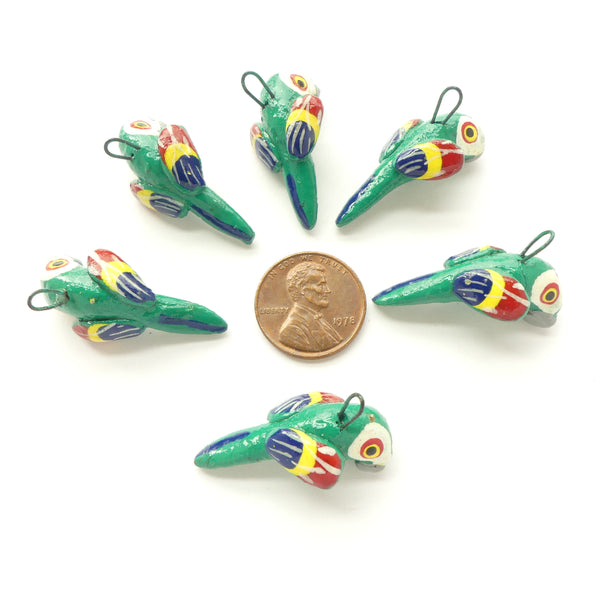 Clay Birds, Mini, Guatemalan, Green Parrots, 30mm, Sets of 6