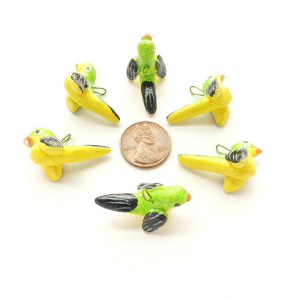 Clay Birds, Mini, Guatemalan, Yellow with Green & Black, 25mm, Sets of 6