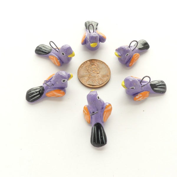 Clay Birds, Mini, Guatemalan, Purple with Orange & Black, 25mm, Sets of 6