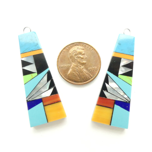 Shell, Mosaic Pendants or Earrings of Shell, Stone and Horn, 38mm Long, Sold Individually
