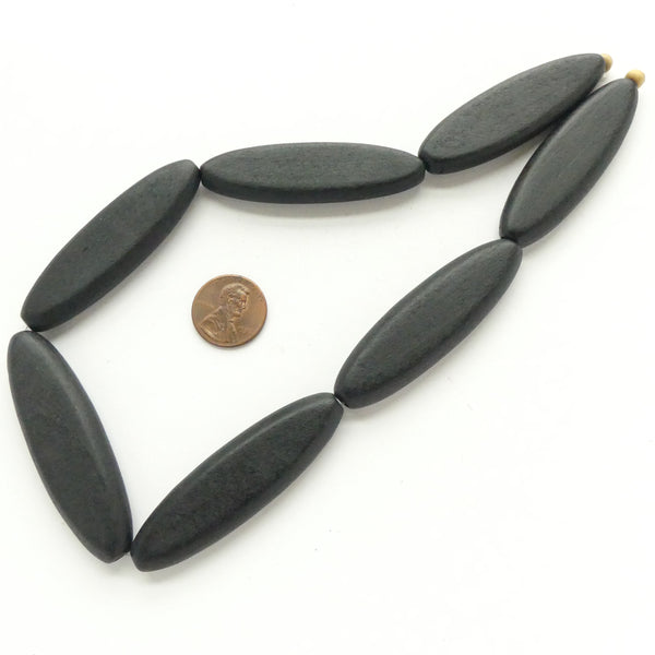 Wood, Extra Long Flat Ovals, Semi-Matte Black, 60x18mm on 16-inch Strands