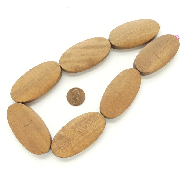 Wood, Flat Ovals, Stained Brown, 58x30mm on 16-inch Strands