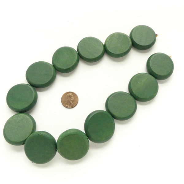 Wood Coin Shape with Rounded Edges, Dark Green, 33mm Diameter on 17-inch Strands