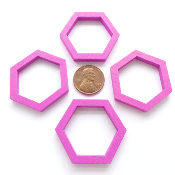 Wood Shapes, Hexagon Hot Pink 35mm Diameter, Sold by Sets of 4