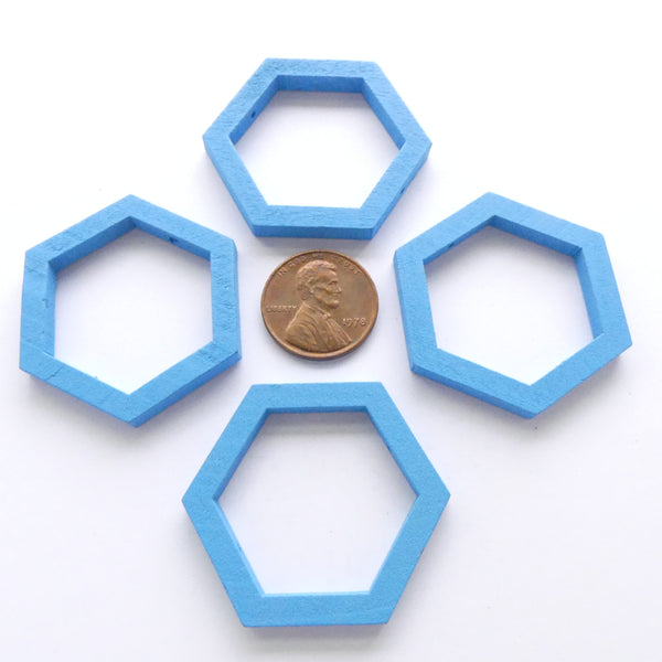 Wood Shapes, Hexagon Blue 35mm Diameter, Sold by Sets of 4