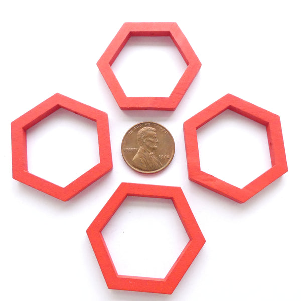 Wood Shapes, Hexagon Red 35mm Diameter, Sold by Sets of 4