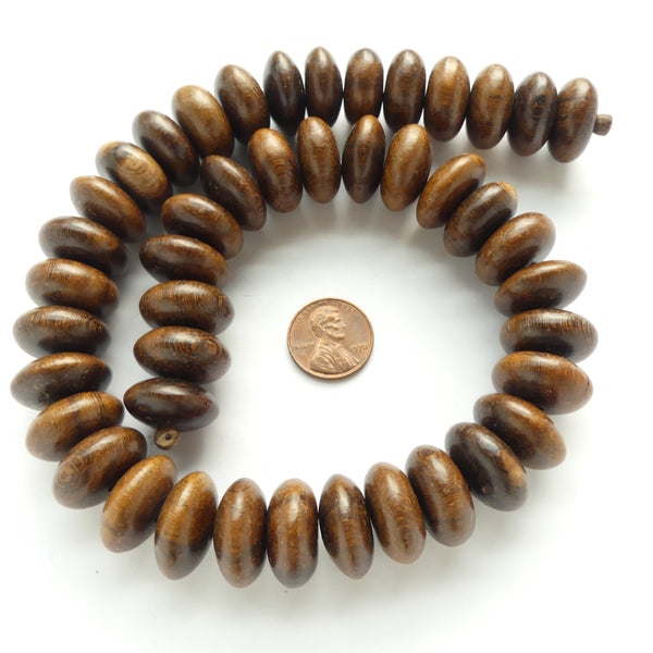 Wood, Rondelles, Natural Dark Brown Robles, 10x20mm on 16-inch Strands