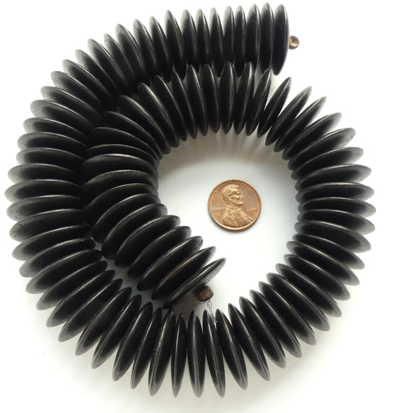 Wood Rondelles, Black Large Thin 25mm Diameter on 16-inch Strands