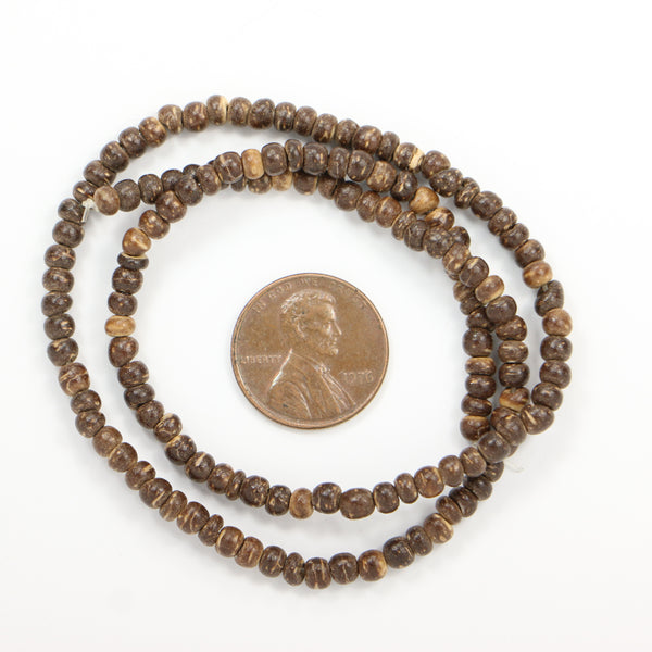 Coconut Shell, Short Brown Cylinders about 2x4mm on 16-inch Strands