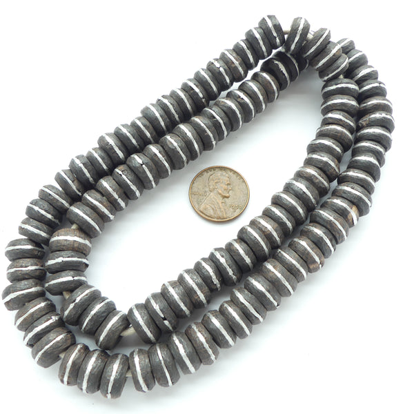 Wood, "Ebony" Discs with Rounded Rim and Silver Belt, 5x12mm on 22-inch Strands