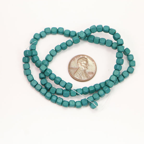 Wood, Cubes, Painted Dark Blue-Green, 4x4mm on 16-inch Strands