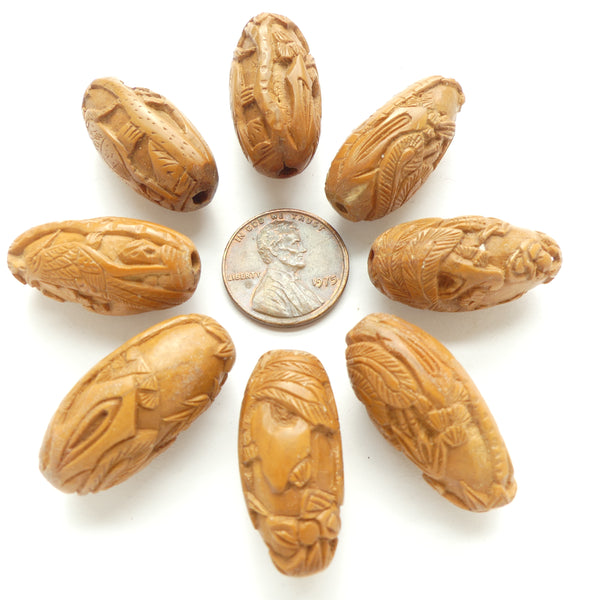 Wood, Peach Pit Beads, Carrved with Phoenix Designs, 23x14mm Sold Individually