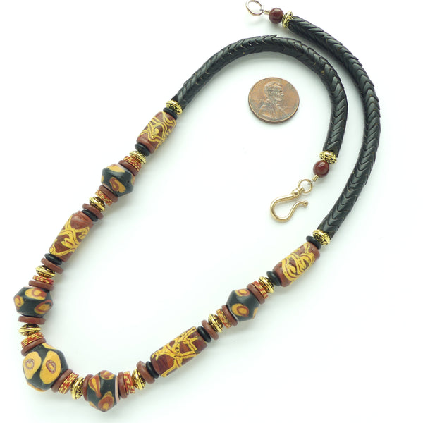 Antique Venetian Lampworked Beads in Black & Earthtones with Black Glass Snake, 18-inches Long