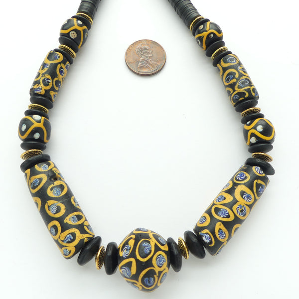 Antique Venetian Lampworked Trade Bead Amber on Black, with Coconut Shell, 21.5-inches