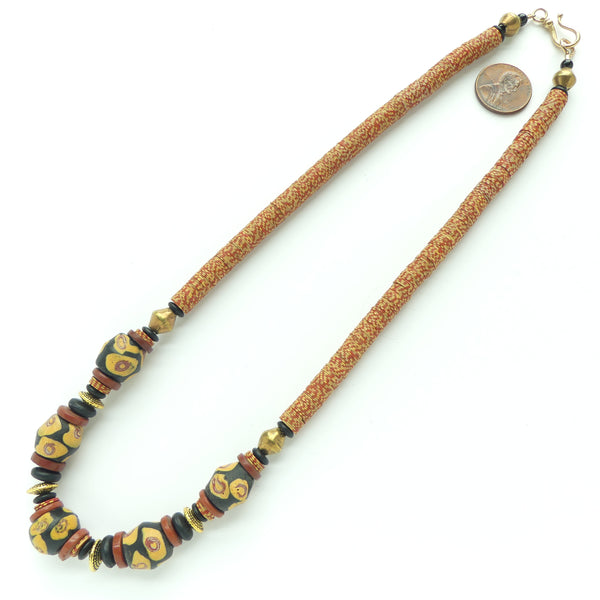 Antique Venetian Lampworked Glass, African Brass Bicones and Strpied Vinyl Heishi, 19-inches Long