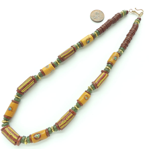 Antique Venetian Lampwork Beads in Amber & Brick, with Jade Green, 18.5 inches Long