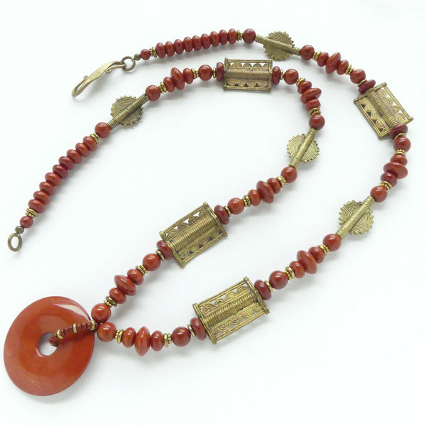 Red Jasper Beads and Donut with Mix of Lost Wax Cast Beads, 32 inches Long
