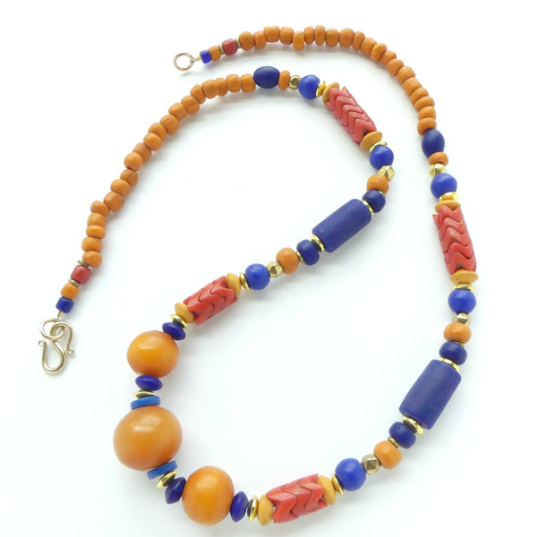 Snake Beads, Coral Color with African Amber and Blues, 23 inches long