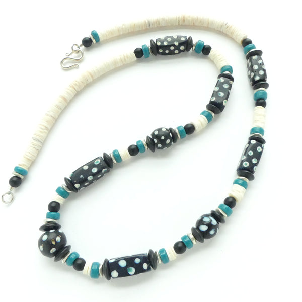 Collectible Beads to Wear, Antique Venetian Black Beads with Blue Eyes, 25 Inches