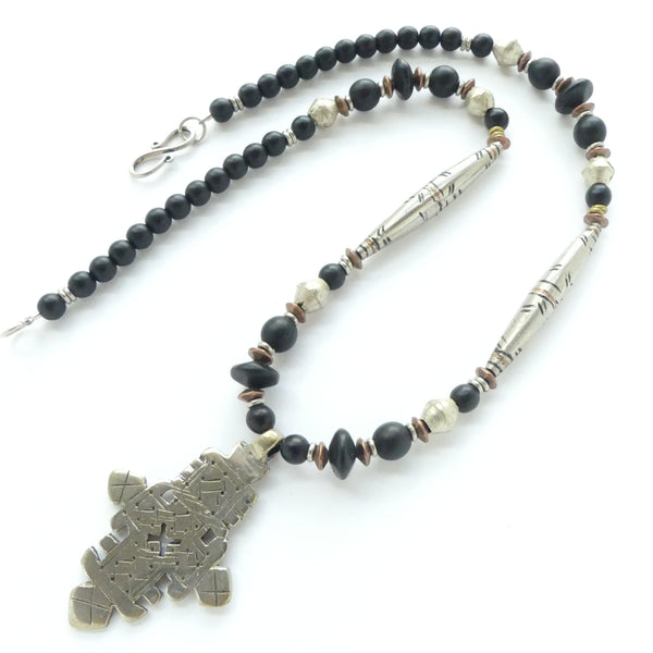 Ethiopian Cross, Tuareg Silver, and Matte Black Glass, 19.5 inches
