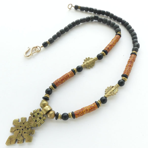 Ethiopian Brass Cross and Ghana Brass & Vinyl Heishi, 17 inches
