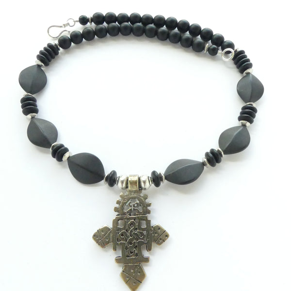Ethiopina Cross with Sterling Silver and Matte Black Onyx and Glass Beads, 18 inches long