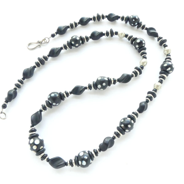 Collectible Beads to Wear, Antique Venetian Eye Beads, Silver & Black, 26 inches long