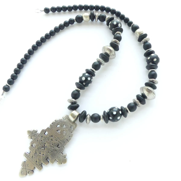 Necklace, Ethiopian Cross with Mali Silver and Matte Black Glass, 20 Inches long