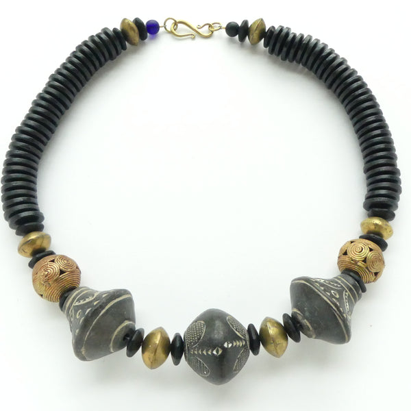 Spindle Whorls Necklace with Mali and Ghana Brass and Wood Rondelles, 20.5 inches Long
