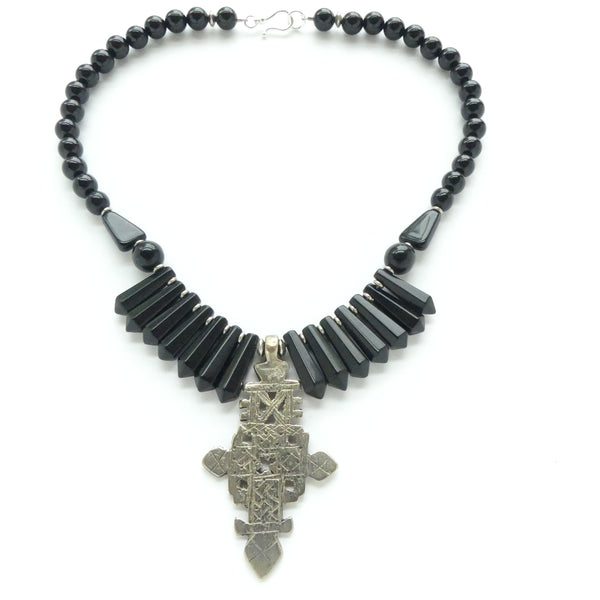 Ethiopian Cross with Black Onyx Points and Black Glass, 17 inches long