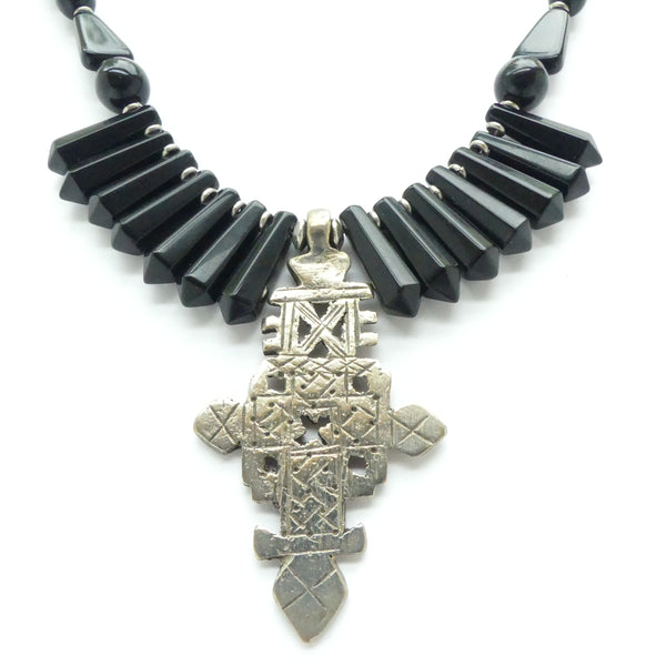 Ethiopian Cross with Black Onyx Points and Black Glass, 17 inches long