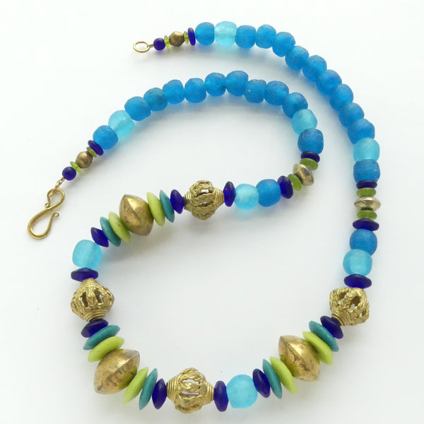Ghana Brass & Glass with Mali Bicones, Aqua & Lime, 24 inches long