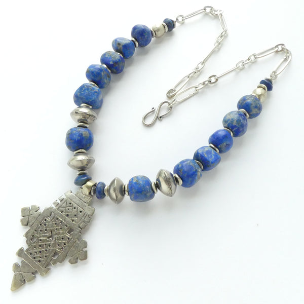 Ethiopian Silver Cross with Freeform Lapis Nuggets & Silver Chain, Adjustable