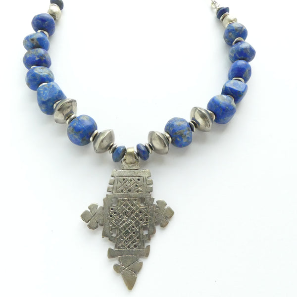 Ethiopian Silver Cross with Freeform Lapis Nuggets & Silver Chain, Adjustable